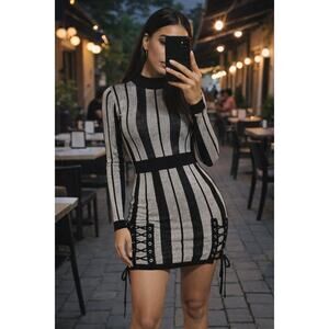 Black Silver Striped Bodycon Mini Dress Lace Up Sides Long Sleeve